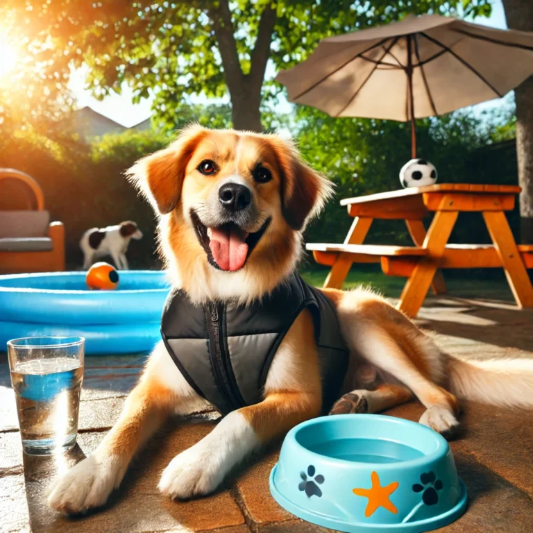 an image of a happy dog enjoying summer outdoors, staying cool with a water bowl, shade, and a cooling vest. It's a perfect representation of summer pet care!